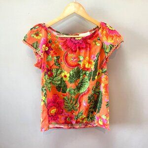 NEW Cynthia Rowley Womens Floral Print Orange Top S Linen/Rayon‎ Blend